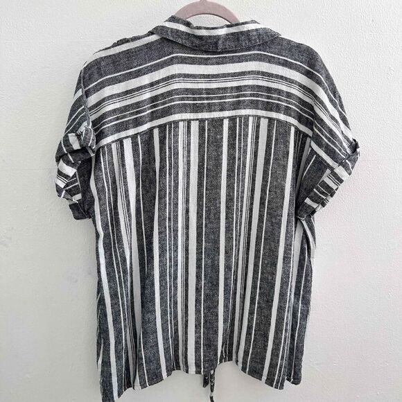 Ellen Tracy mariner tie front LINEN Shirt top Large Blue White Stripes ButtonS - Picture 7 of 13
